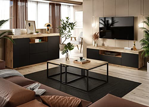 lukmebel Yoshi Wohnzimmermöbel Set – TV-Ecke – Kommode – RTV Schrank – Modernes Skandinavisches Design – Wotan Eiche + Schwarz Matt – Push-to-Open - die Bank ist im Preis des Sets enthalten