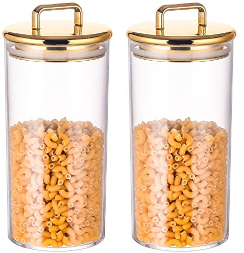 2 Pack 32 oz Large Acrylic Storage Apothecary Jar with Gold Airtight Lid | Bathroom Vanity Organizer Containers | Ideal Decorative Canisters for Shells, Bath Salt, Grains, Cotton Ball, Flossers