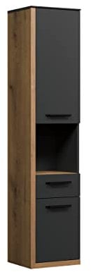 trendteam smart living - Synnax - Hochschrank - Eiche/Anthrazit - Badezimmerschrank hängend - (BxHxT) 35 x 157 x 31 cm - 5 Fächer, ein offenes Fach und eine Schublade