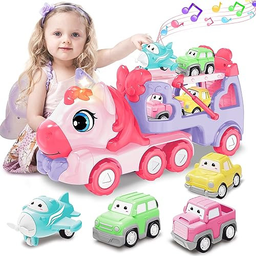 seveclotree Toys for 1 2 3 Year Old Girl,5-in-1 Carrier Truck Toy Cars with Light & Sound,Toddler Toys Age 2-4, 1 2 3 Year Old Girl Birthday Gifts