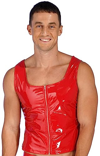 dPois Herren Wetlook Tank Top Sexy Oberteil Weste Lack Leder Shirt Ärmellos Unterhemd mit Reißverschluss Party Nachtclub Outfit Rot 4XL