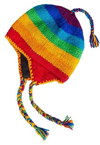 Handgestrickte Sherpa-Mütze mit Micro-Fleece-Futter und eklektischen Mustern, handgefertigte Wintermütze, Weihnachtsmütze, hergestellt in Nepal, Regenbogen, L/Einheitsgröße