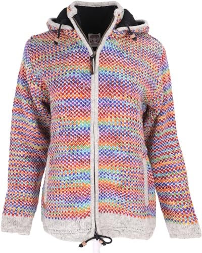 GURU SHOP Kuschelige Gefütterte Strickjacke, Gestreifte Damen Wolljacke, Nepaljacke - Modell 33, Wolle, Size:S