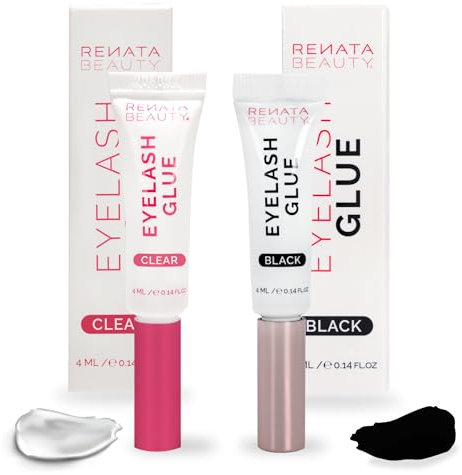 Renata Beauty Pack Combinado de 2, Pegamento para Pestañas Postizas Transparente y Negro, Resistente al Agua, 24 Horas de Fijación Fuerte, Tubos de Doble Función, Hipoalergénico, 2x4ml