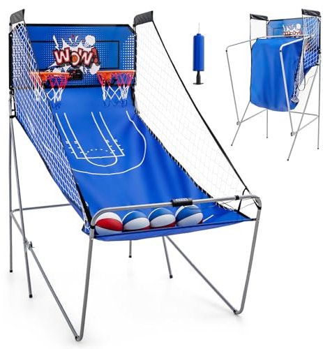 LIFEZEAL Elektrischer Basketballautomat, Baskeltballständer klappbar mit 4 Bällen & Luftpumpe, Arcade Automat mit 8 Spielmodi, Basketball Automat für 2 Spieler, Sport für drinnen & draußen (Blau)