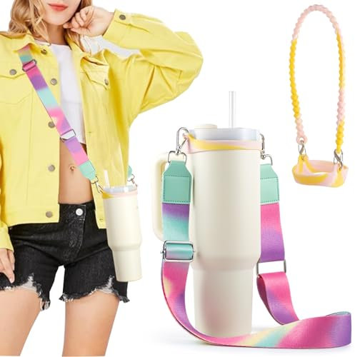 FXTBE Water Bottle Handle for Stanley Cup 40/30/20 OZ, Holder for Owala/Hydroflask/Simple Modern/Yeti Tumbler, Handle with Strap Fits Most 8-40oz Bottles, Sling for Stanley Cup Accessories