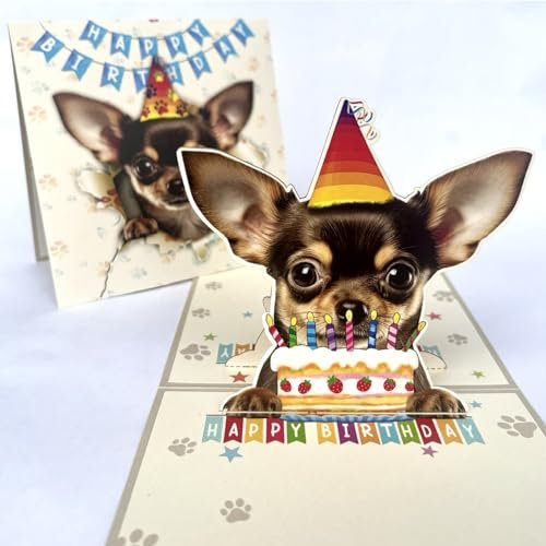 Momapopup 3D Pop-Up Chihuahua Hund Geburtstagskarte - Niedlicher Hund mit Kuchenfeier, skurriler Happy Birthday Gruß für Hundeliebhaber - Brauner Chihuahua Hund 3D Geburtstag Pop Up Karten (Brauner