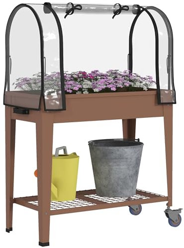 Outsunny Mesa de Cultivo con Ruedas 80x40x120 cm Huerto Urbano Elevado con Cubierta de Invernadero y Estante Inferior para Cultivo Plantas Flores Verduras Marrón