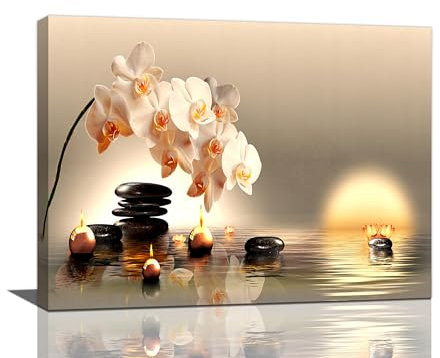 Badezimmer-Wandkunst, Dekor, Zen, Stein, weiße Orchidee, Bilder, Entspannung, ruhig, Leinwand, Spa, Gemälde, Drucke, gerahmtes Kunstwerk für Zuhause, Wohnzimmer, Schlafzimmer, Büro, Yoga, Meditation,
