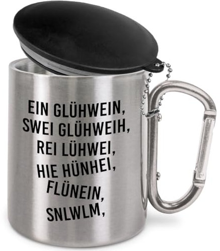 Prozente Momente Ein Glühwein swei Glühweih... | Edelstahl-Trinkbecher mit Karabinerhaken und Deckel | Geschenkidee | 330 ml | Becher | Camping | Vereine | Silber