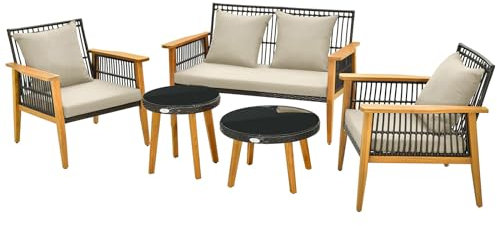 LIFEZEAL Gartenmöbel Set für 4 Personen, Gartenlounge Lounge-Set aus PE-Rattan & Akazienholz, Sitzgruppe aus 2-Sitzer-Sofa, 2 Sessel & Couchtische, für Garten Balkon und Terrasse