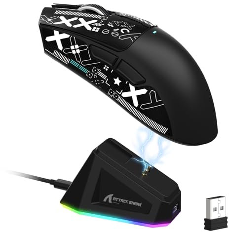 LexonElec x Attack Shark X11 Souris de Jeu sans Fil avec Station de Chargement Magnétique RVB, PixArt PAW3311, Souris de Jeu Tri-Mode Ultralégère 59 g avec Bande, Filaire/2,4 G/BT, 22K DPI-Black&Tape