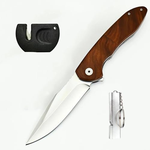 YANC Klappmesser mit Clip Holzgriff, Einhandmesser 5cr15MOV Taschenmesser EDC Messer Jagdmesser Faltmesser mit Kugellager Messerschärfer Sportpfeife für Camping Notfall Wandern Angeln DIY Zuhause