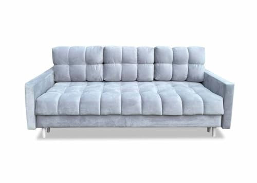 Meble Ares Stilvolles Sofa 3 sitzer Rocco – Sofa mit Schlaffunktion – Sofa mit Bettkasten – Praktisches Schlafsofa Ausziehbar mit Gesteppten Seiten – Weiße Füße, Velours – Grau