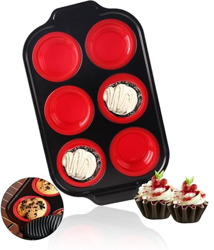 Vicalo Muffin Trays, Mini Silicone Carbon Steel Muffin Cake Tin, Holds 6 Muffins, Non-Stick Coating Baking Pan with High Temperature Resistance,Cupcakes Brownies (Red)