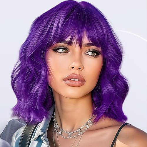 Parrucca viola con frangia, parrucche corte da donna, viola scuro, lunghezza delle spalle, ondulate, colorate per donne, parrucche in fibra sintetica resistenti al calore con