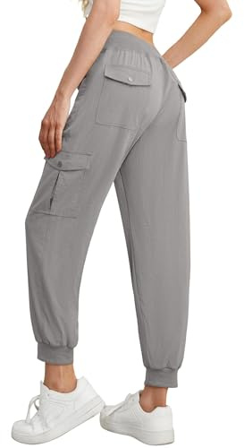 GRECERELLE Pantalon Cargo d'été Jogging Femmes Pantalons Sport Loisirs d'Entraînement avec Taille élastique Poignets Cheville et 6 Poches (Gris Clair, XXL)