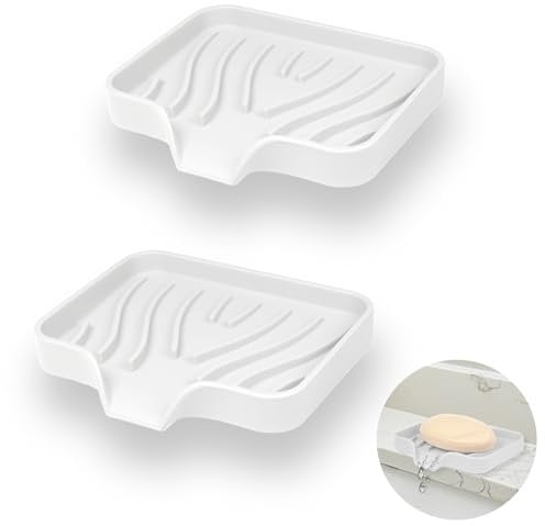 YoHyien 2 Pièce Porte Savons Silicone, Porte Savon Salle de Bain avec Évacuation, Support Savon Incliné, Porte-Savons Antidérapants pour Douche, Cuisine et Baignoire (Blanc)