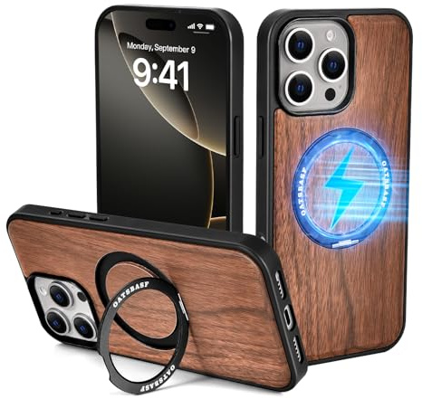 NIFBANG für iPhone 16 Pro Max Hölzerne Hülle,mit 360°Magnet Ständer,Holz Case,TPU Lünette Militär Stoßfest Magnetische Handyhülle,Kameraschutz Cover für iPhone 16 Pro Max Schutzhülle,Schwarz
