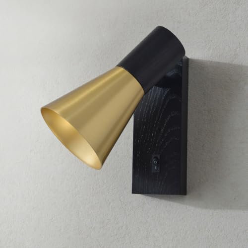 Wandleuchte Gold Schwarz,Wandlampe mit Schalter Holz,Aluminium Lampenschirm Drehbar,Bettlampe Wandlampen,Modern Innen Wall Light E14 für Schlafzimmer Bett,Wohnzimmer,Flur,Nachttischlampe Wandmontage