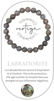 VERTIGE Bracelet de lithothérapie LABRADORITE, Pierres 8mm Minérales, Source de bien être Psychique et Physique, Apporte la PROTECTION, le CLARTÉ, et BONHEUR, Bracelet Femme/Homme