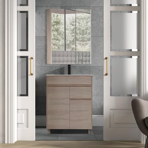 EL BAÑO MODERNO Juego Muebles de Baño con Lavabo y Espejo - Mueble Baño con Lavabo - Lavabo con Mueble Compacto Preinstalado de Fábrica - Porcelana Ideal para tu Hogar