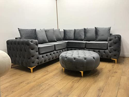 Luxuriöses, modernes Chesterfield-2-Sitzer-Sofa aus grauem Samt mit Streu-Rückenkissen, elegante gepolsterte Eckcouch für Wohnzimmer, Plüschmöbel für Komfort und Stil