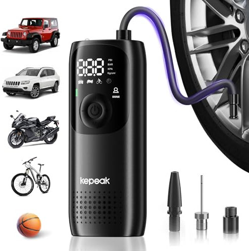 KEPEAK Tyre Inflator Air Compressor - Cordless Car Tyre Pump - Portable Electric Air Pump 150 PSI with Digital Display, LED Light, USB Rechargeable, Electric Tyre Pumps for Cars Bike Motorbike.