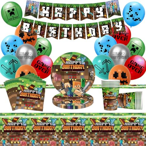 60 Pcs Kit de Anniversaire Vaisselle, Mine-Craft Décoration Anniversaire, Mine-Craft Vaisselle de Fête, Mine-Craft Ballons, Assiettes, Gobelets, Serviettes, Nappes, Bannières