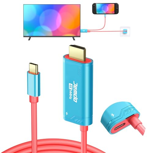 JEMDO Switch 2 - Estación base de cable HDMI, 4K 144 Hz 48 Gbps USB C 3.2 a HDMI 6.5 pies, 100 W PD Play mientras se carga, cable adaptador de TV portátil de viaje compatible con Nintendo Switch 2
