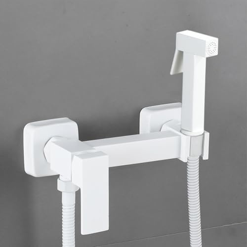 Duscharmatur, Warm- und Kalt-Set, Dusch-WC, Bidet, Hänge-Duschkopf, Schlauch, Einzelgriff, Messing, Winkelventil (weiß)