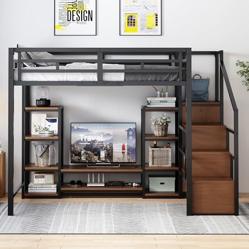 Kebnor Hochbett mit TV-Ständer, Steckdose und Sicherheitsleiter, Stabile Metall-Holz-Kombination, modernes, platzsparendes Hochbett, Kinder-Etagenbettmit praktischem Stauraum, schwarz(140x200cm)