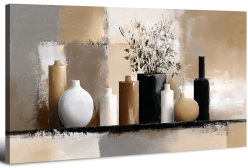 Tableau Nature Morte Moderne sur Toile 20x40in Impression sur Toile Floral Vases Beige Noir et Blanc, Peinture Murale Neutres Minimaliste, Tableau Décoration Murale Fleurs Chambre Salon Cuisine
