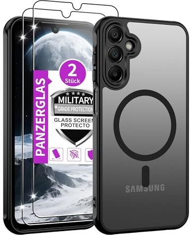 Jshru für Samsung Galaxy A15 4G/5G Hülle mit 2 Stück Panzer Schutz Glas,Kompatibel mit Magsafe,Dünn Magnetisch Handyhülle Militär Stoßfest Schutzhülle Mattierte Case für Galaxy A15,Schwarz