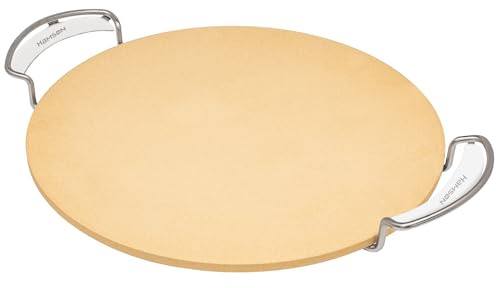 Hamson Pizzastein rund | Ø 35 cm | Stein für Backofen | Cordierit Pizza Stein mit Edelstahlgriffen | Backstein für Backofen, Backstein, Pizza Stone, Backofen Steinplatte, Grill Pizzastein