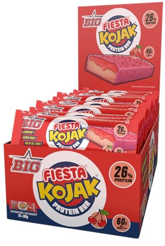 BIG - Fiesta Kojak Barritas Proteina 26gr de Proteina Caja 15 unidades con Toppings de Caramelo Sin Gluten y Sin Aceite de Palma para Recuperacion Muscular y Snack Saludable Post-Entreno