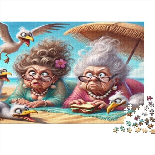 1000 Teile Strand Omas Puzzle für Erwachsene Papier Geduldsspiel Lustiges Cartoon-Motiv Pappe Wanddeko 38x26cm/1000pcs