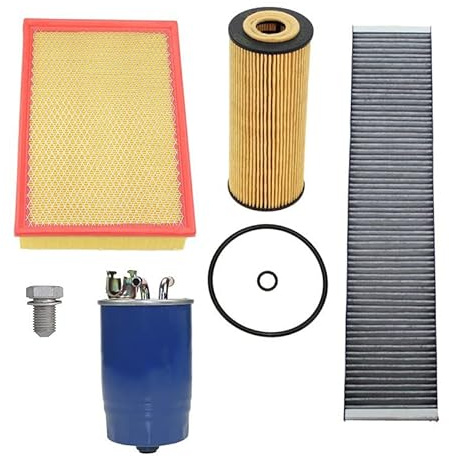 BESTPRICE Inspektionspaket Filterset mit 1x Luftfilter, 1x Ölfilter, 1x Innenraumfilter (Pollenfilter) mit Aktivkohle, 1x Kraftstofffilter, 1x Ölablassschraube mit Dichtung