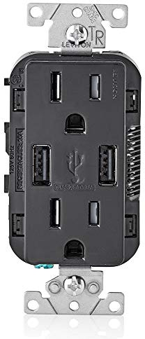 Leviton T5632-E Type-A USB in-Wall Charger with 15A Tamper-Resistant Outlet, USB Charger for Smartphones, Black