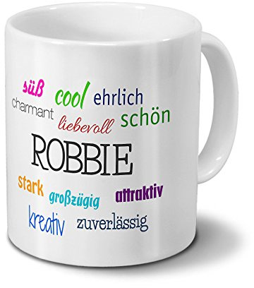 Tasse mit Namen Robbie - Motiv Positive Eigenschaften - Namenstasse, Kaffeebecher, Mug, Becher, Kaffeetasse - Farbe Weiß