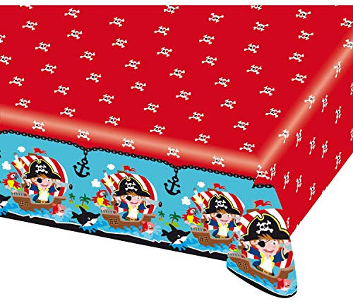 Amscan 9902123 - Tischdecke Pirat, 1 Stück, Größe 120 x 180 cm, Kunststoff, wasserabweisend, Seeräuber, Anker, Totenköpfe, Schiffe, Kinderparty, Mottoparty, Geburtstag, Rot