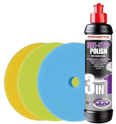 Detailmate Autolitur Set: Menzerna Medium Cut Politur One-Step-Polish 3 in 1, 250 ml mit den 3 passenden Pads: Medium Cut Foam gelb, Soft Cut Foam grün, Wax Foam blau