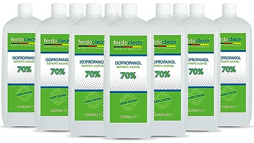 ferdoclean - Isopropanolo al 70% in 10 flaconi da 1000 ml, solvente a base di alcool IPA, detergente per la casa, la cucina, l'auto e altro ancora, ideale per la rimozione dei grassi
