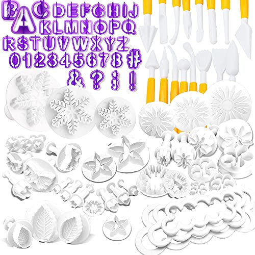 Nuyoah Cortador Fondant Expulsor Moldes para Fondant 87pcs Cake Molder Decorating Kit con Letras Números Flores, Utensilios de Modelaje para Decoración de Tartas y Galletas