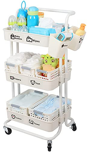 JOLEAD Carrello Pannolini Caddy Organizer per Neonati, 3 Livelli Robusto Baby Diaper Organizzatore Porta Pannolino Portaoggetti Carrello, Facile da Montare