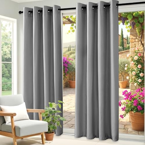 Clothink Outdoor Vorhang Wetterfest Mit Ösen Oben und Unten, Outdoorvorhänge Wasserdicht Outdoor Gardinen Windschutz Sonnenschutz für Balkon Pergola Terrasse (255x245cm, 1 Stück, Grau)
