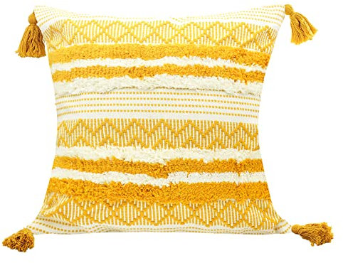 LIGICKY Boho Kissenbezug Büschelige Dekorative Kissenbezüge Getuftet Weich Kissenhülle mit Quaste Baumwolle Kissen Boho für Sofa Couch Schlafzimmer Wohnzimmer Büro Auto, 45 x 45 cm, Gelb und Weiß
