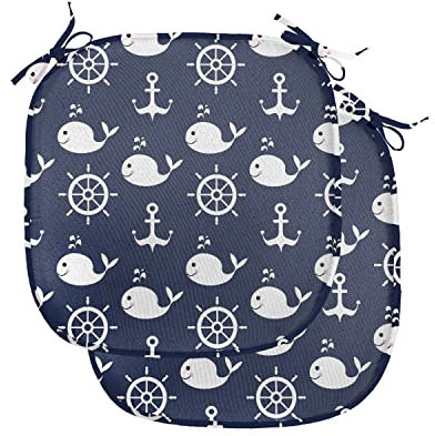 ABAKUHAUS Navy blau Polster für Esszimmerstühle, Maritime Anchor Wal, Dekoratives wasserfestes Kissen mit Riemen für Küchensitze, 40 cm x 40 cm-2er Pack, Marine-Blau-Weiß