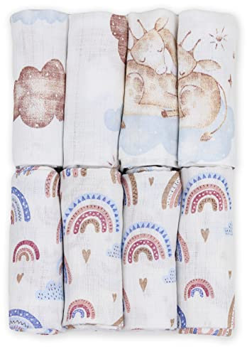 FENSILO - Mulltücher Baby - 8er Pack 60x80 cm, schadstoffgeprüft - Bunt - Wolken - Regenbogen - Mullwindeln - Spucktücher Baby