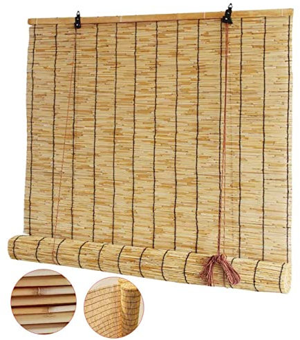 Wood Roller Shades, Ventilation and Weatherproof Bamboo Blind, Easy Installation Bamboo Shades for Porch, Courtyard, Balcony, Kitchen, Doors,French Door, Sliding Door 140×350cm